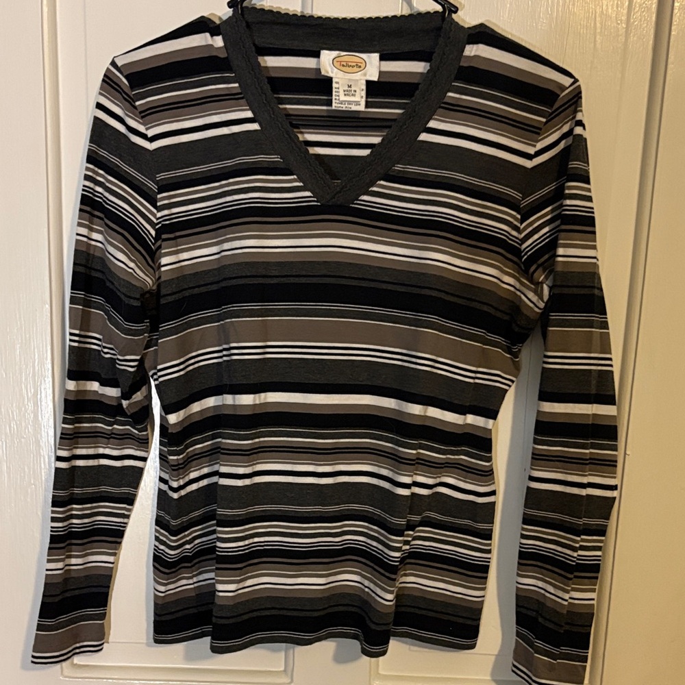 Talbots Black, White & Brown Striped Long Sleeve Top